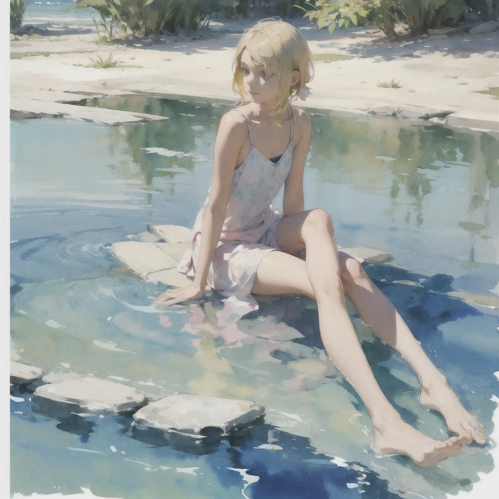 Tranquil voyager girl, in watercolor style, Photorealism, discreet pink and mint shades, barefoot, blonde hair