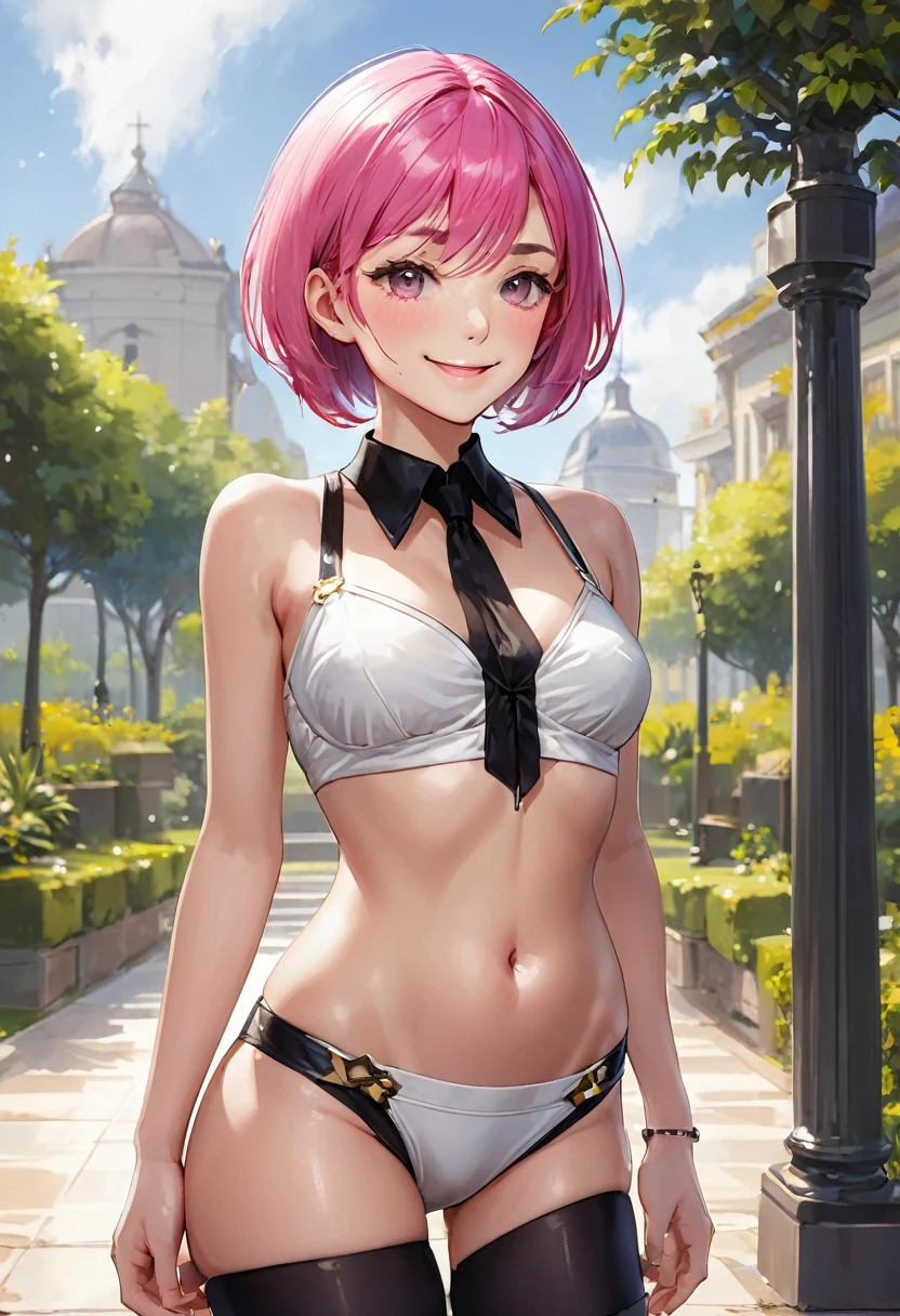 solo, 1 woman, Masterpiece, highest quality, highest quality, 16K, incredibly absurd, highly detailed, 2.5D, delicate and dynamic, very delicate facial expressions, delicate eye depiction, erotic, only sexy woman, healthy figure, 25-year-old woman, bride, 160cm tall, medium firm swaying bust, (short hair), (pink hair:1.5), bob cut, black eye, smile, ((thin thighs)), (visible nipples:0.7), (camel toe:0.3), ((shiny and lustrous)), facing straight at viewer, (standing), sexy pose, Bright outdoor park during daytime, cowboy shot, (arms behind back),