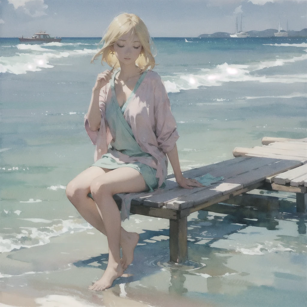 Tranquil voyager girl, in watercolor style, Photorealism, discreet pink and mint shades, barefoot, blonde hair