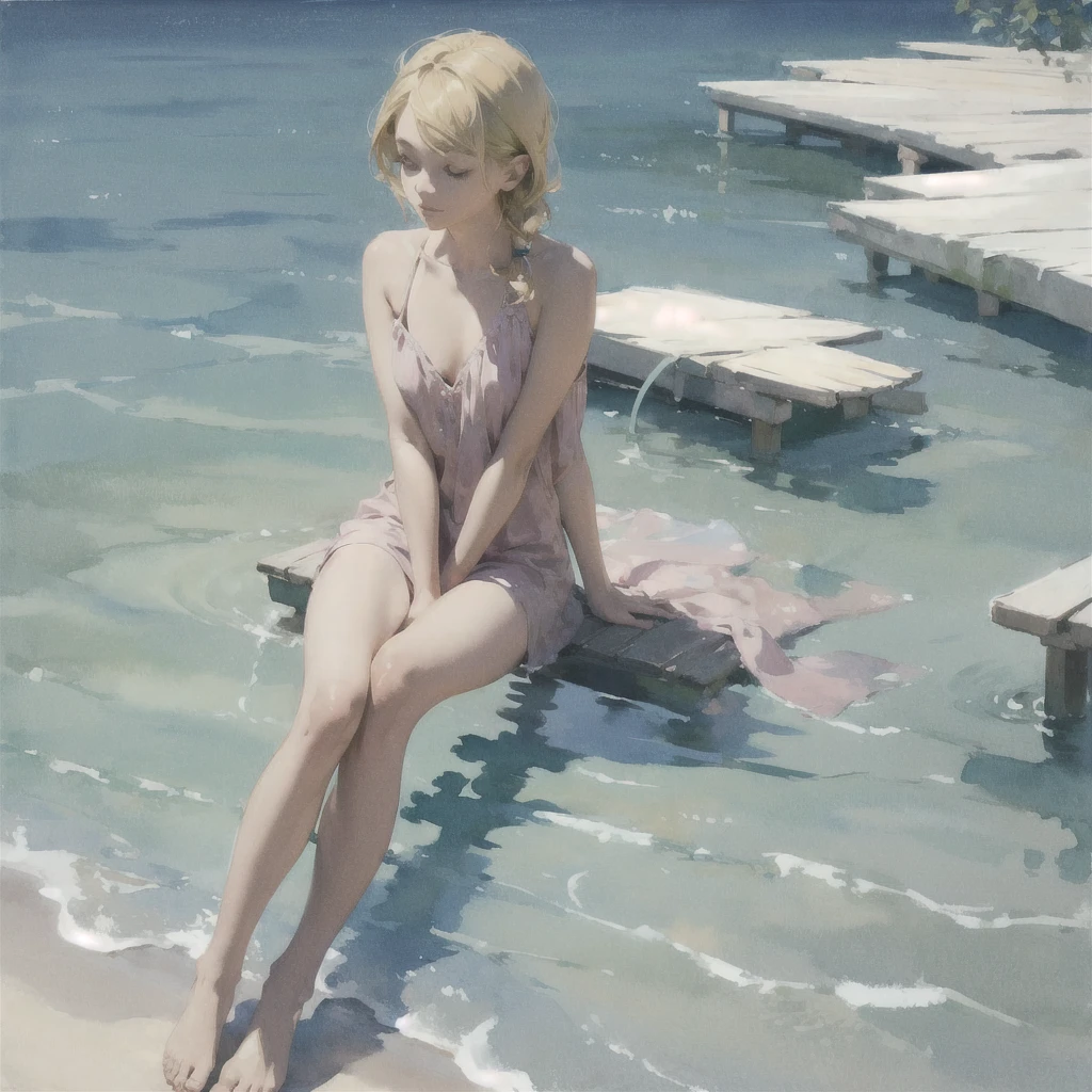 Tranquil voyager girl, in watercolor style, Photorealism, discreet pink and mint shades, barefoot, blonde hair
