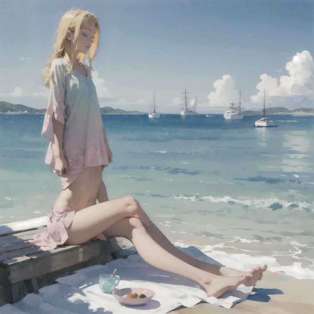 Tranquil voyager girl, in watercolor style, Photorealism, discreet pink and mint shades, barefoot, blonde hair, nudity