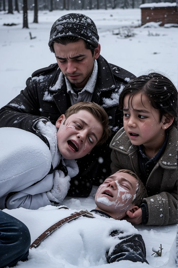 A dead boy on the ground stabbed in the snow and a girl crying next to him with another boy