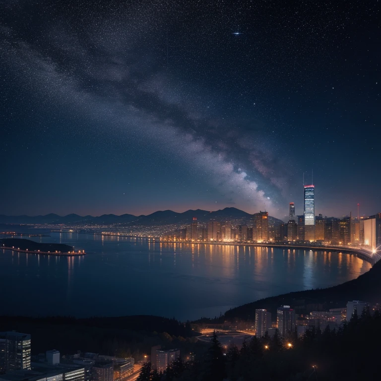 A city with aspects of Canada and Korea, starry night, seen from afar
