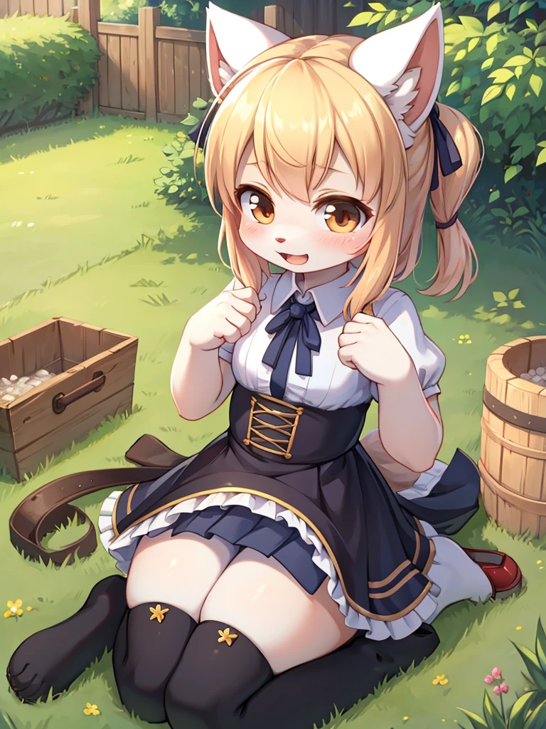 1girl, solo, multiple colored hairs, maid, black cat tail, smile, black thighhigh, leaning forward, outside, charm posing, paw stamps background, upskirt, (view from behind), presenting, young girl, tight pussy, tight anus, 11 years old, little, petitte, elegant young girl, blonde hair, ponytail,