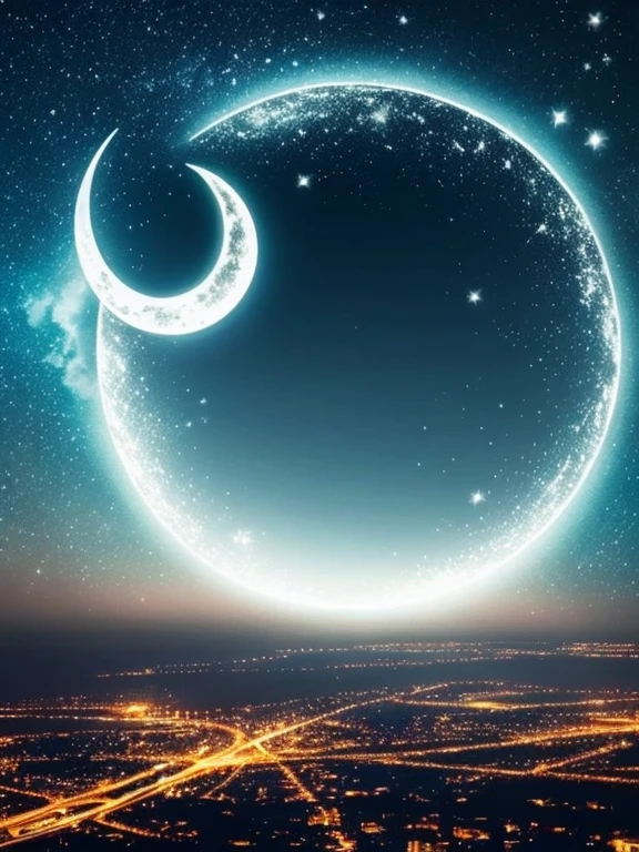Night sky view with a crescent moon above the clouds, Very beautiful and fantastic, Fog and starry sky, glowing clouds, A dreamlike night, Colorful night sky, Beautiful night sky, Foggy night sky, Sparkling colorful mist, So magical and dreamy, incredibly fantastical, ✨🕌🌙, dream sequence, Beautiful and mysterious, Stars and Moon in the Sky, Detailed dreamscape