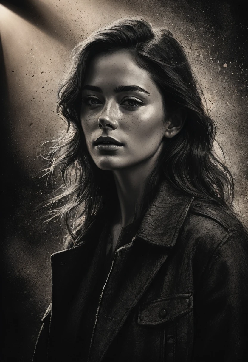 best qualityer, hyper realistic, ultra detali,realistic sketch:1.5,coal,portraite,paper texture,detailed facial features, freckles on the face, Shading and Highlights,dynamic composition,expressive traits,sharp contrast,highlights and shadows,black andwhite,Emotion and expression,Exquisite details,subtle textures,hand drawn,precise lines,fine arts,alto sharp contraste,dramatic lighting,qualified craftsmanship,aesthetic appeal,Polished finish,professionally executed