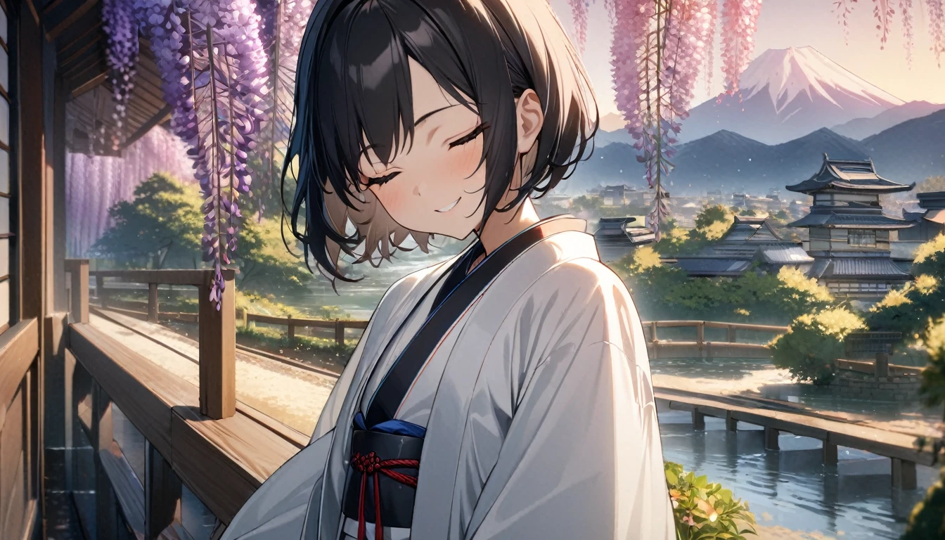 1girl, solo, flat chest, short hair, black hair, standing, gentle smile on her face((masterpiece, illustration, best quality), eyes closed, ((best quality)), ((masterpiece)), mdjrny-pprct, japanese architecture, Sakura, wisteria, flower garden, mountains and rivers, Clouds (high detial: 1.2)、evening glow, white japenese robe (white)