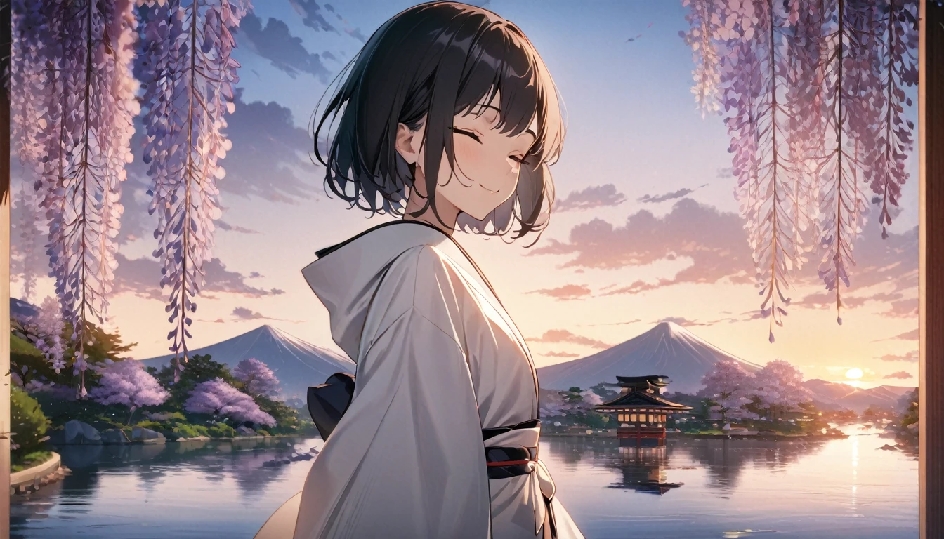1girl, solo, flat chest, short hair, black hair, standing, gentle smile on her face((masterpiece, illustration, best quality), eyes closed, ((best quality)), ((masterpiece)), mdjrny-pprct, japanese architecture, Sakura, wisteria, flower garden, mountains and rivers, Clouds (high detial: 1.2)、evening glow, white japenese robe (white)