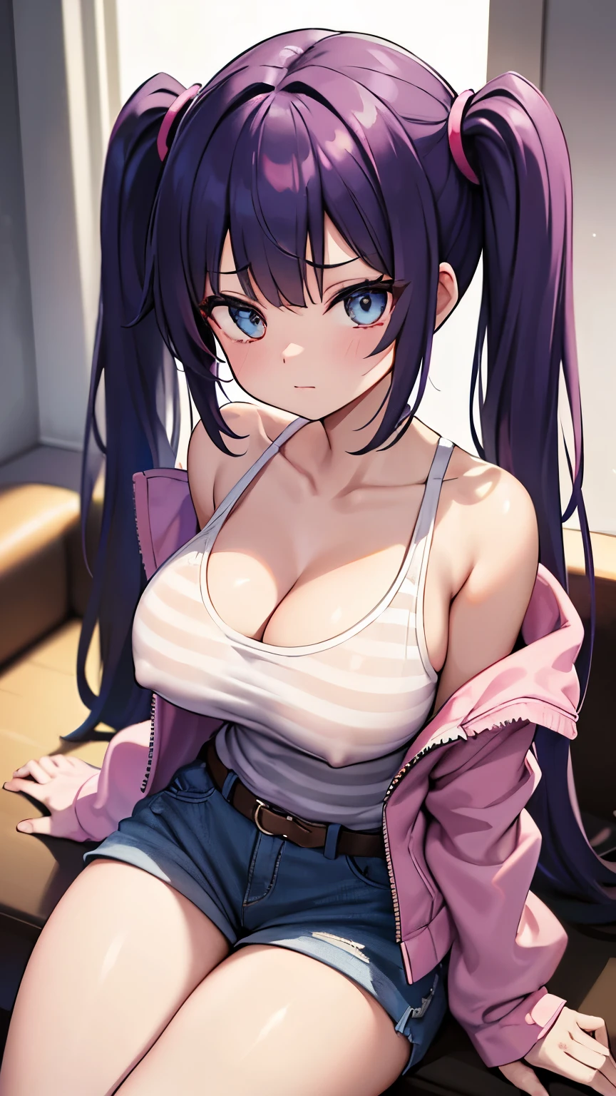 place:(night:1.7), cyber punk_街の景Farbe, in front of the window, action:Sitting upright and motionless,Sitting on the couch,Chest cleavage, Closed_mouth, trap:(pink_Jacket:1.23),(red and white Striped tank top),Blue shorts,clavicle,just_shoulder, belt,Striped_legwear, character:the hair:bionde_hair,Twin tails, Locking Roles: 1 girl,alone, sleeved,20 years,Mature Woman,beautiful Finger,beautiful long legs,beautiful body,beautiful Nose,beautiful character design, Perfect Eyes, perfect face, Eye Expressions: Looking at the audience, quality: Official Art,Highly detailed CG Unity 8K wallpaper, Perfect lighting,Farbeful, bright_front_face_Light Nastar Piece:1.0),(Highest_quality:1.0), 超High resolution,4K,Very detailed, photograph, 8K, High resolution, High resolution, Confused:1.2, Kodak Portrait 400, Film Grain, Blurred Background, bokeh:1.2, Lens flare, (Vibrant_Farbe:1.2) Big body: (beautiful,big_chest:1.4), (beautiful_face:1.5),(narrow_Waist),bionde hair,Anger, showing breast, nipple, nude, nfsw