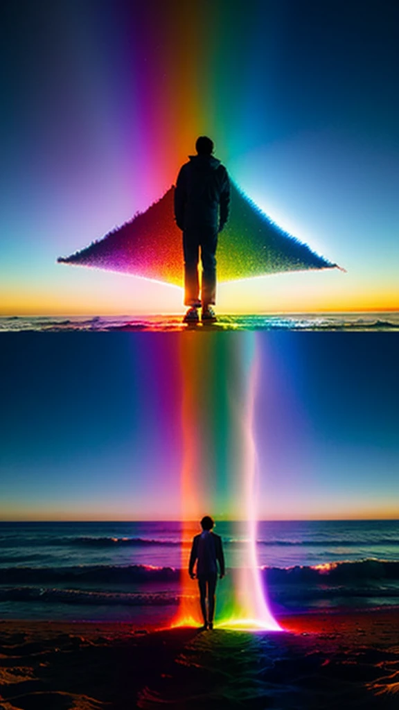 Space-time continuum dissolves as Delorean Volver al futuro, towards its spectral reflection on an playas hermosa de color azul, dia soleado, the cosmos enfolds in a spectacle of iridescent photons, a fusion of Reuben Wu's celestial grandeur and Yayoi Kusama's psychedelic wonder, as a radiant sunset unfurls upon the horizon's edge. (Medium complexity), 