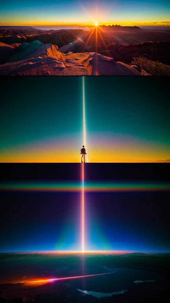 Space-time continuum dissolves as Delorean Volver al futuro, towards its spectral reflection on an playas hermosa de color azul, dia soleado, the cosmos enfolds in a spectacle of iridescent photons, a fusion of Reuben Wu's celestial grandeur and Yayoi Kusama's psychedelic wonder, as a radiant sunset unfurls upon the horizon's edge. (Medium complexity), 