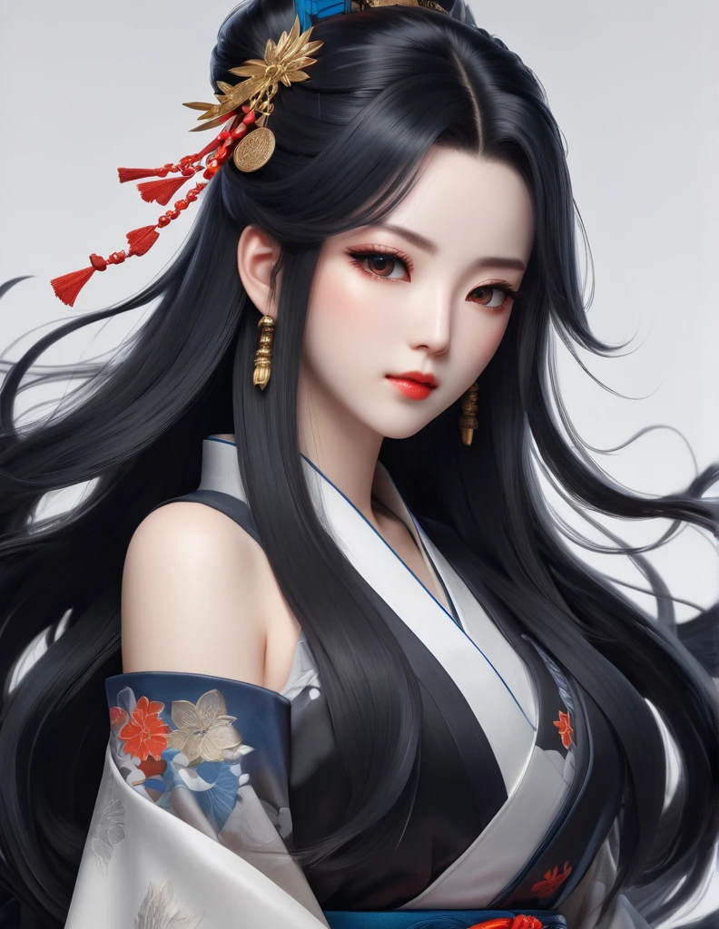 quality(8k wallpaper of extremely detailed CG unit, masterpiece, hight resolution, top-quality, top-quality real texture skin,hyper realisitic, digitial painting,increase the resolution,RAW photos,best qualtiy,highly detailed,the wallpaper),BREAK,8K, onmyoji-style art style , full face, very long black hair, white background, gray eyes, black dress,