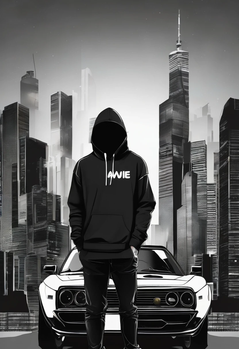 a man hemsem black wear hoodie white pop up the name in t shirt "AWIE" 3D and blackground with car skyline
