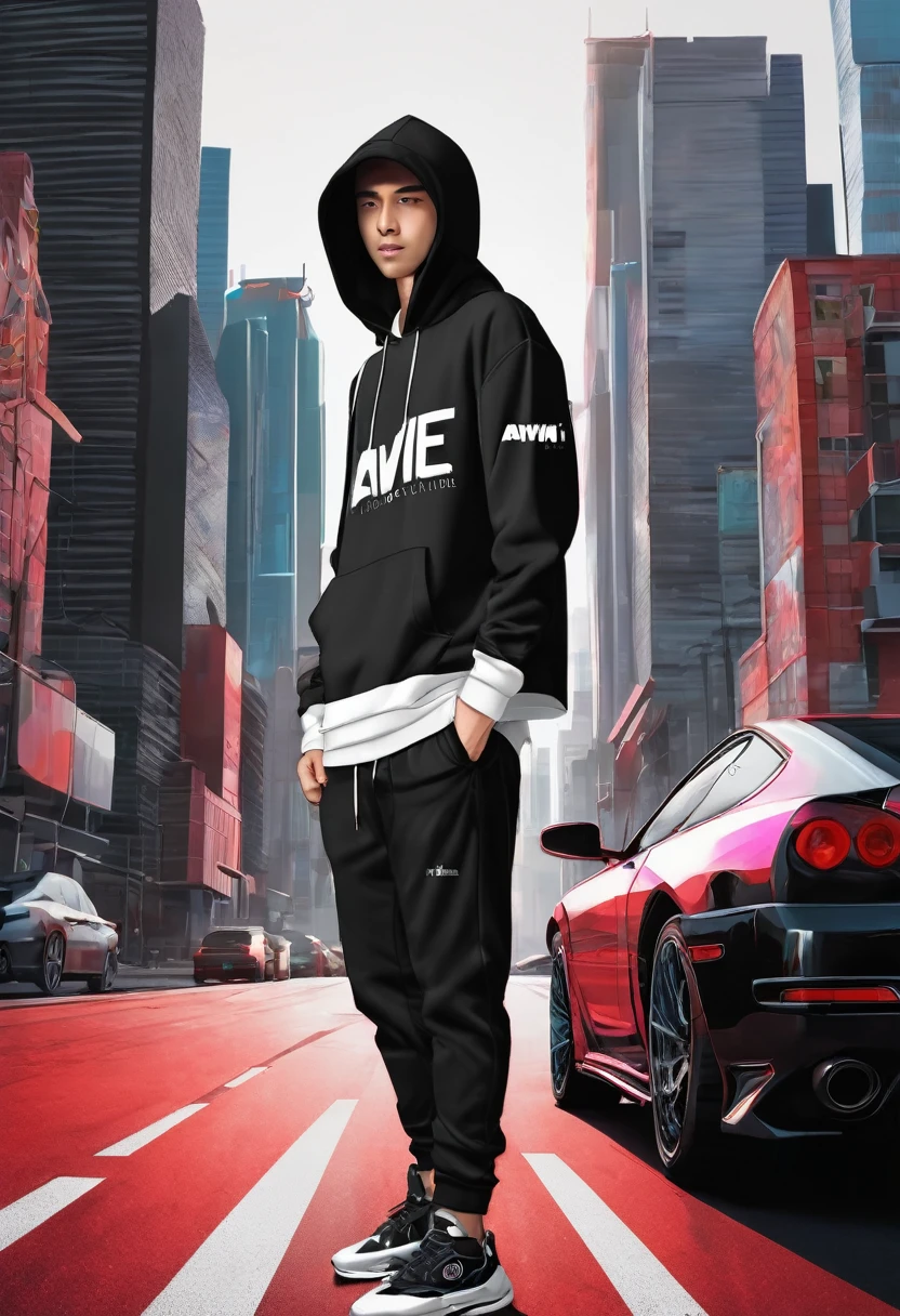 a man hemsem black wear hoodie white pop up the name in t shirt "AWIE" 3D and blackground with car skyline