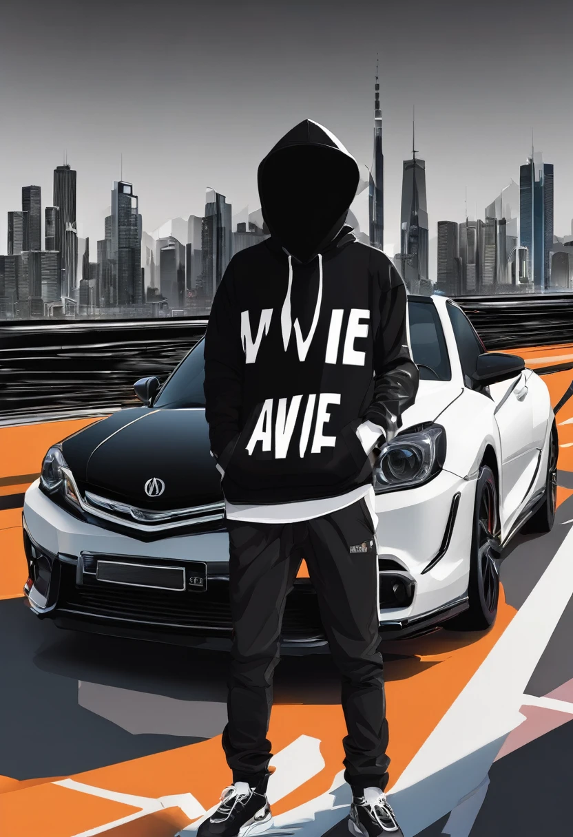 a man hemsem black wear hoodie white pop up the name in t shirt "AWIE" 3D and blackground with car skyline
