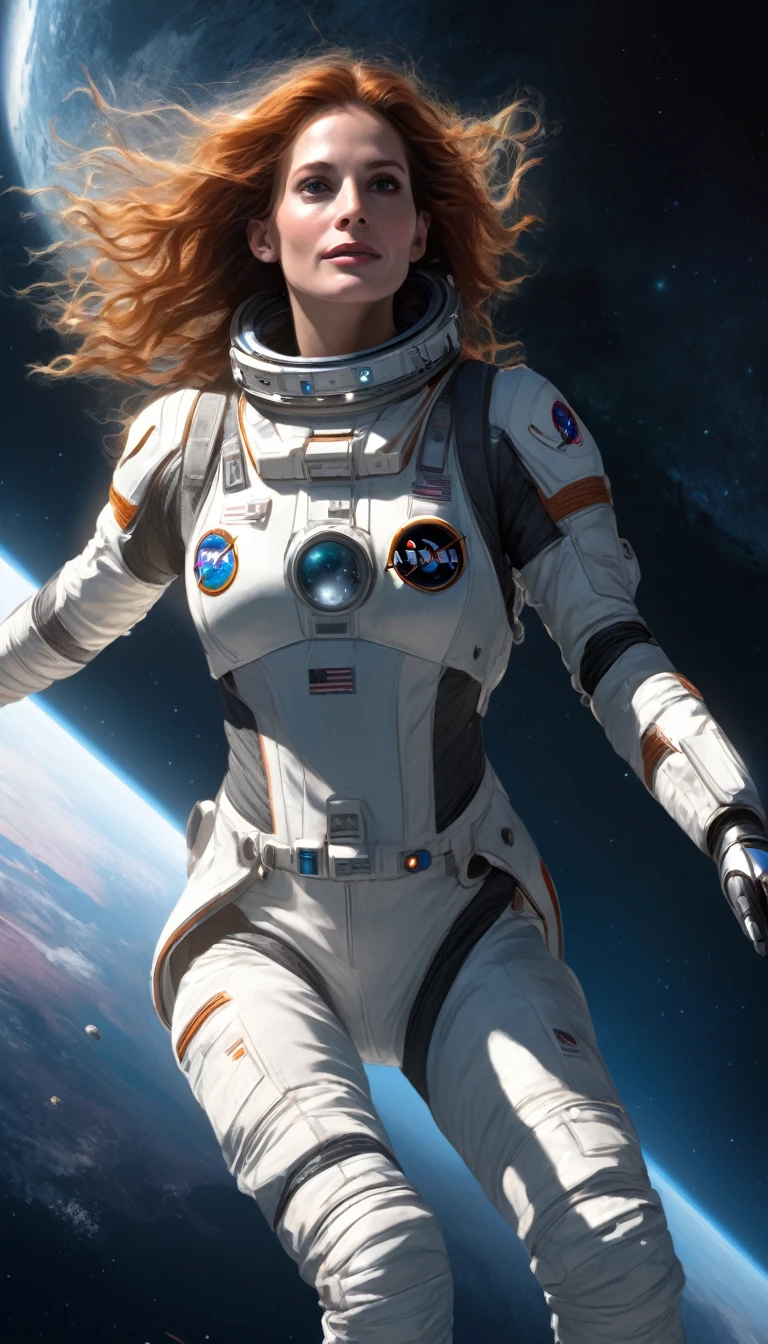 Julia Roberts 1 girl, female astronaut, science fiction, extremely detailed piercing eyes, hero view, action pose, cinematic scene, scenery, detailed background, masterpiece, best quality, high quality, high resolution, absurd, highly detailed, high resolution, sharp, sharp image, 8k, vivid, colorful, medium chest and breasts, full body, big butts, interstellar space