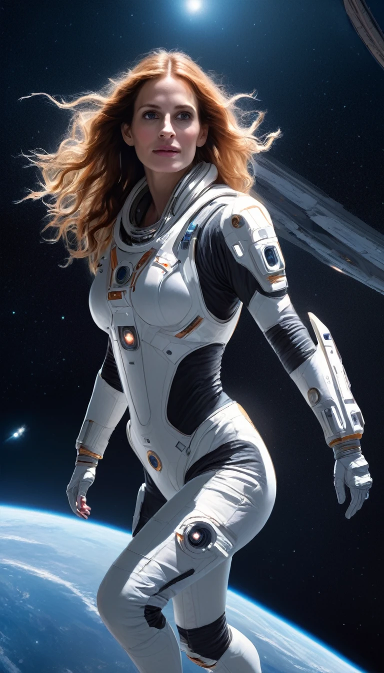 Julia Roberts 1 girl, female astronaut, science fiction, extremely detailed piercing eyes, hero view, action pose, cinematic scene, scenery, detailed background, masterpiece, best quality, high quality, high resolution, absurd, highly detailed, high resolution, sharp, sharp image, 8k, vivid, colorful, medium chest and breasts, full body, big butts, interstellar space