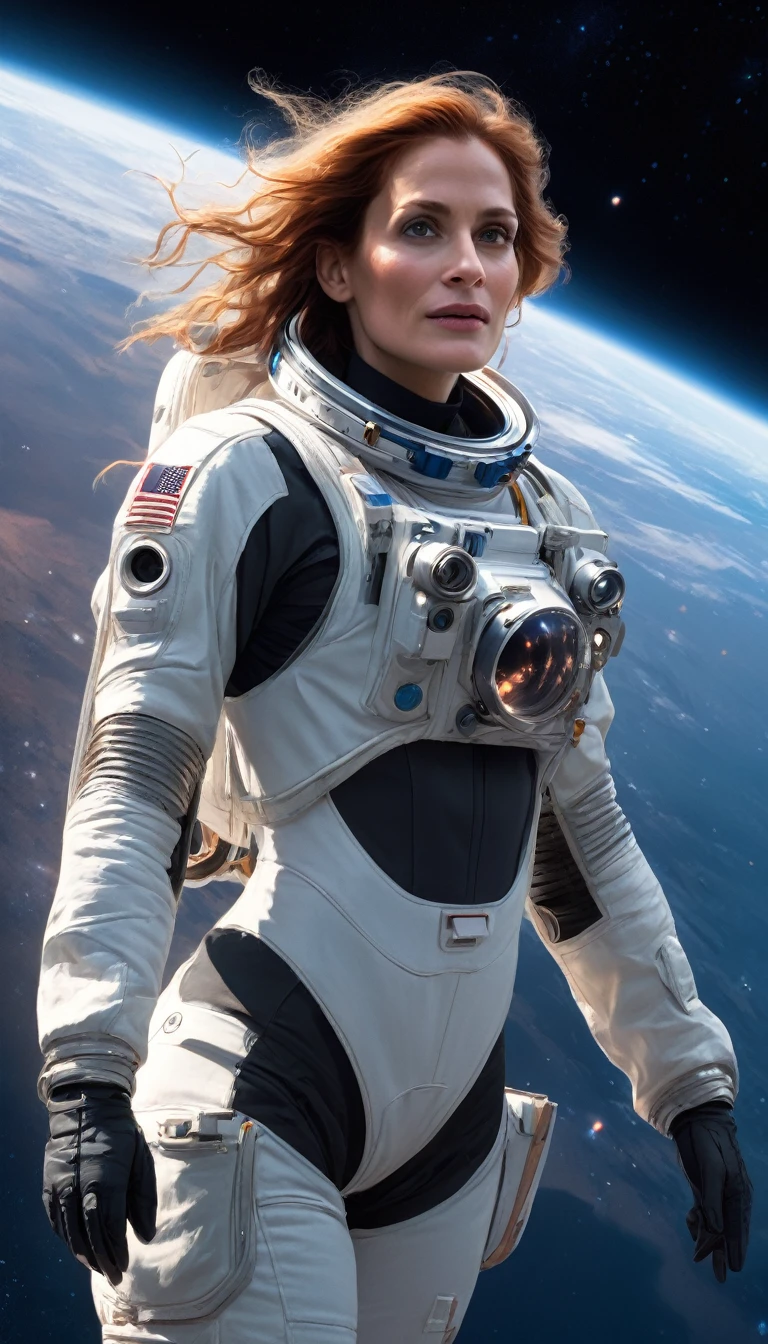 Julia Roberts 1 girl, female astronaut, science fiction, extremely detailed piercing eyes, hero view, action pose, cinematic scene, scenery, detailed background, masterpiece, best quality, high quality, high resolution, absurd, highly detailed, high resolution, sharp, sharp image, 8k, vivid, colorful, medium chest and breasts, full body, big butts, interstellar space