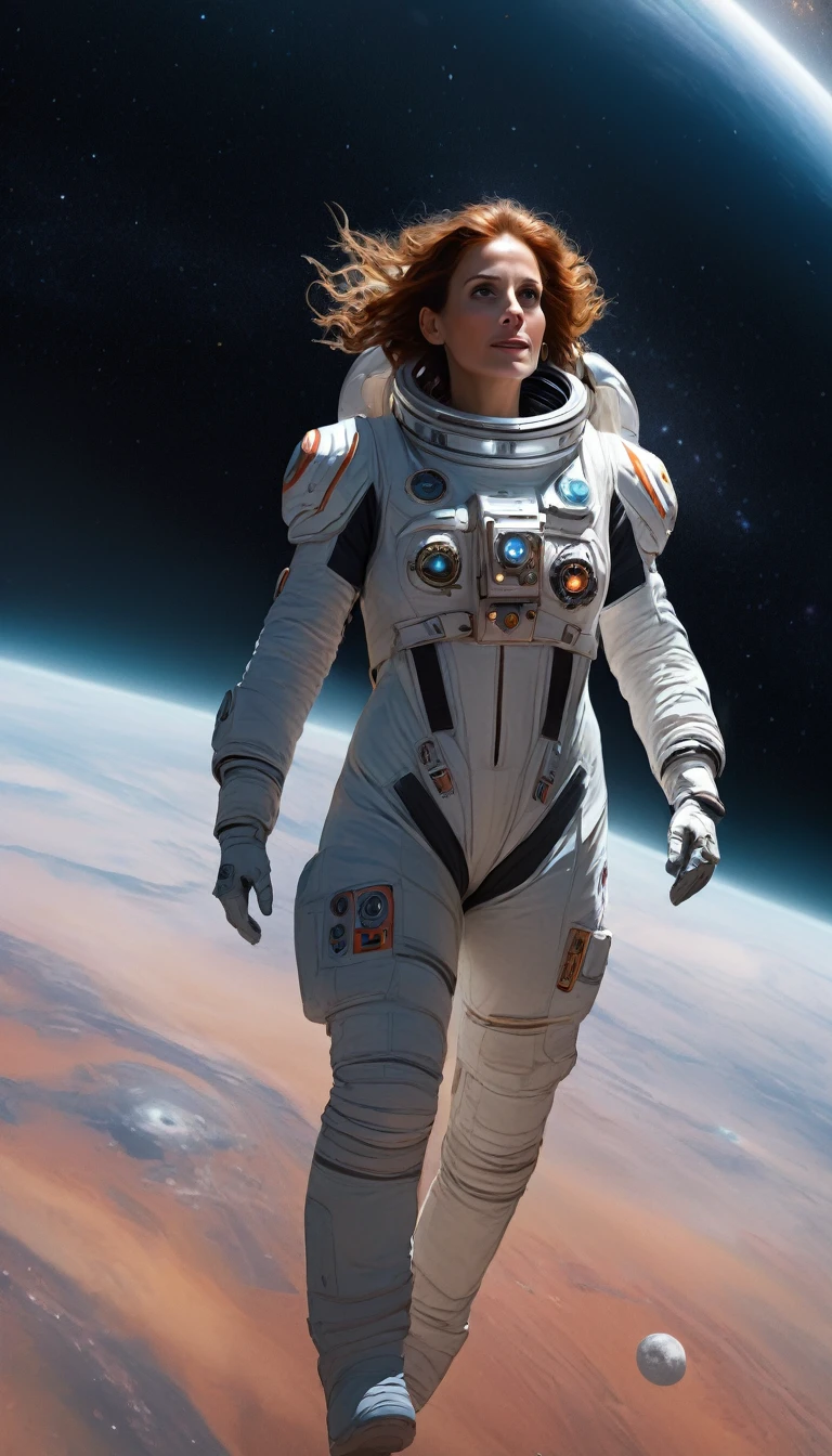 Julia Roberts 1 girl, female astronaut, science fiction, extremely detailed piercing eyes, hero view, action pose, cinematic scene, scenery, detailed background, masterpiece, best quality, high quality, high resolution, absurd, highly detailed, high resolution, sharp, sharp image, 8k, vivid, colorful, medium chest and breasts, full body, big butts, interstellar space