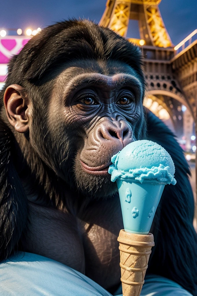 Monkey with the Eiffel Tower in the background Gorilla sucking colorful ice cream