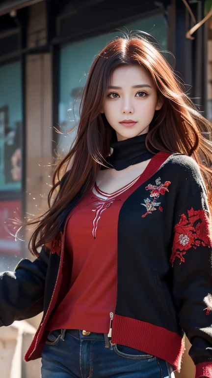 (Highest quality,4K,High resolution), 18-year-old female, Red mesh hair on black hair, Long Hair, Straight hair, , Comical appearance,(Highest quality,4K,High resolution), 18-year-old female, Black hair with red highlights, Long Hair, Straight hair, Transforming Woman,abnormal,Cold Eyes ,Sharp Eye,Confused expression,Red glowing eyes,Expression of attention,,Change the appearance of the transform,beast,beast化,邪悪なFight,Fight,Delicate illustrations drawn in detail,Torn clothes with decoration,Disheveled clothes,Realistic depiction,Vibrant colors,performance,Classic background