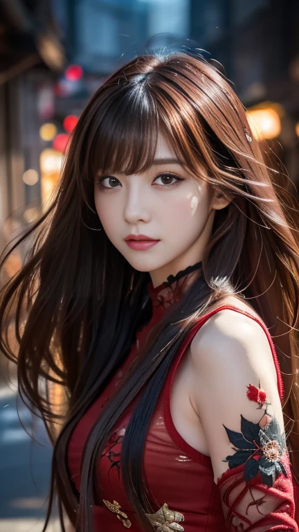 (Highest quality,4K,High resolution), 18-year-old female, Red mesh hair on black hair, Long Hair, Straight hair,  , Comical appearance，(Highest quality,4K,High resolution), 18-year-old female, Black hair with red highlights, Long Hair, Straight hair, Transforming Woman,abnormal，Cold Eyes ,Sharp Eye，Confused expression，Red glowing eyes，Expression of attention，，Change the appearance of the transform，beast，beast化，邪悪なFight，Fight，Delicate illustrations drawn in detail，Torn clothes with decoration，Disheveled clothes，Realistic depiction，Vibrant colors，performance，Classic background