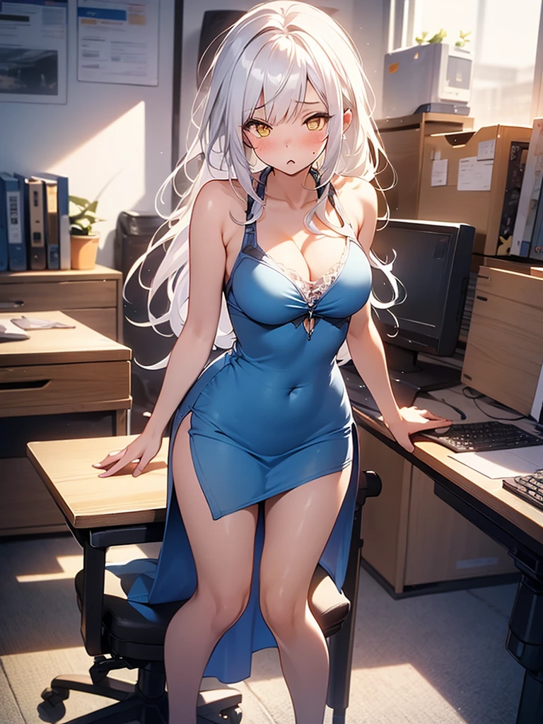 8k, Girl, solo, Full Body, spreading Legs, Long hair, white hair, Yellow eyes, Sad mouth, blush, nervous, eyes almost closed, breasts, big breasts, large breasts, big butt, Blue short dress, eyes looking to the chest, on a office room