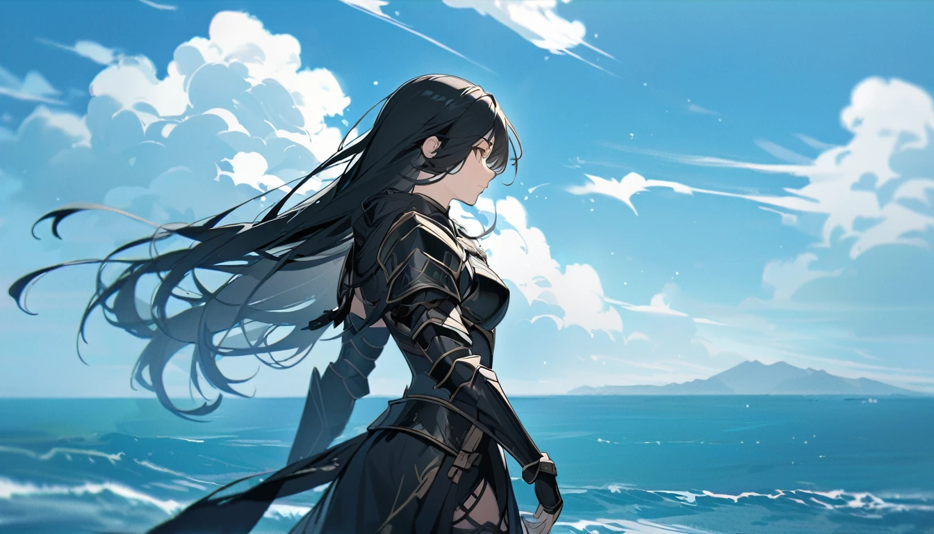 Female warrior with long black hair and wearing black armor, beautiful woman, blue background, sea, sky, 8K, profile,