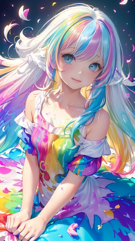 (Pink Fashion T-shirt:1.9),(Colorful hair: 1.8), (all the colours of the rainbow: 1.8),(((((vertical painting:1.6))), (painting:1.6),front, comics, illustrations, paintings, large eyes, crystal clear eyes,( rainbow color gradient high ponytail:1.7), exquisite makeup, closed mouth,(Small Fresh: 1.5),(Wipe Chest: 1.6) ,long eyelashes, white off shoulder T-shirt, White Shoulder Shirt,looking at the audience, large watery eyes, (rainbow colored hair:1.6), color splash, (solo:1.8), color splash, color explosion, thick paint style, messy lines, ((shining)),(colorful), (colorful), (colorful), colorful, Thick Paint Style, (Splash) (Color Splash), Vertical Painting, Upper Body, Paint Splash, Acrylic Pigment, Gradient, Paint, Highest Image Quality, Highest Quality, Masterpiece, Solo, Depth of Field, Face Paint, colorful clothes, (Elegant: 1.2), gorgeous,long hair, wind, (Elegant: 1.3), (Petals: 1.4),(((masterpiece))),(((best quality))),((ultra-detailed)),(illustration),(dynamic angle),((floating)),(paint),((disheveled hair)),(solo),(1girl) , (((detailed anima face))),((beautiful detailed face)),collar,bare shoulders,white hair, ((colorful hair)),((streaked hair)),beautiful detailed eyes,(Gradient color eyes),(((colorful eyes))),(((colorful background))),(((high saturation))),(((surrounded by colorful splashes))),