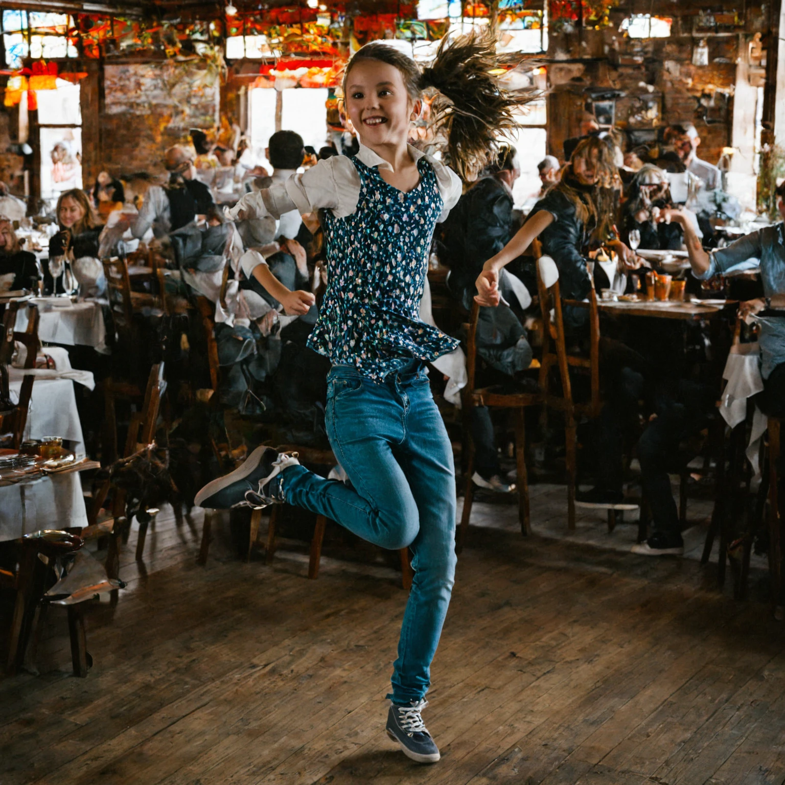 A GIRL DANCING IN A RESTAURANT