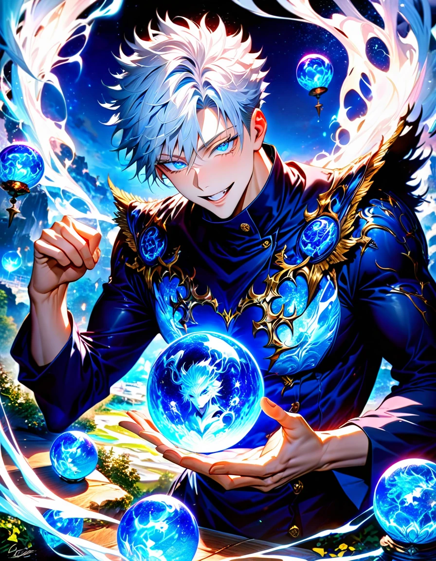 absurdres, highres, ultra detailed, HDR, master piece, best quality, detailed face, Gojou Satoru, white hair, with bangs, expressive blue eyes, white eyelashes, Jujutsu Kaisen, solo, sexy man, handsome, horny, handsome smile, black clothes, fantasy, magic world, blue lightning, envy magical, blue moon, blue lanterns, blue spheres, blue dust, starry sky