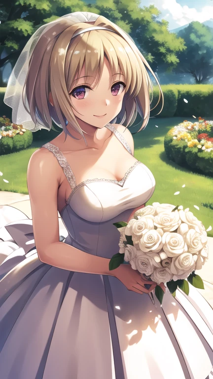 masterpiece, best quality, highres, aakikyo, short hair, hair intakes, white hairband, wedding dress, white dress, white gloves, bridal veil, holding bouquet, garden, confetti, smile, flower, cowboy shot