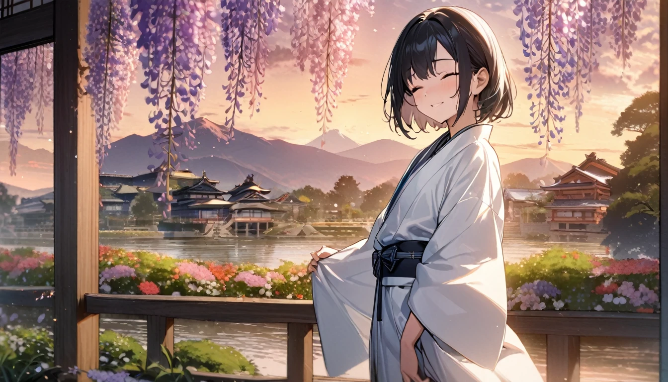 1girl, solo, flat chest, short hair, black hair, standing, gentle smile on her face((masterpiece, illustration, best quality), eyes closed, ((best quality)), ((masterpiece)), mdjrny-pprct, japanese architecture, Sakura, wisteria, flower garden, mountains and rivers, Clouds (high detial: 1.2)、evening glow, white japenese robe (white)