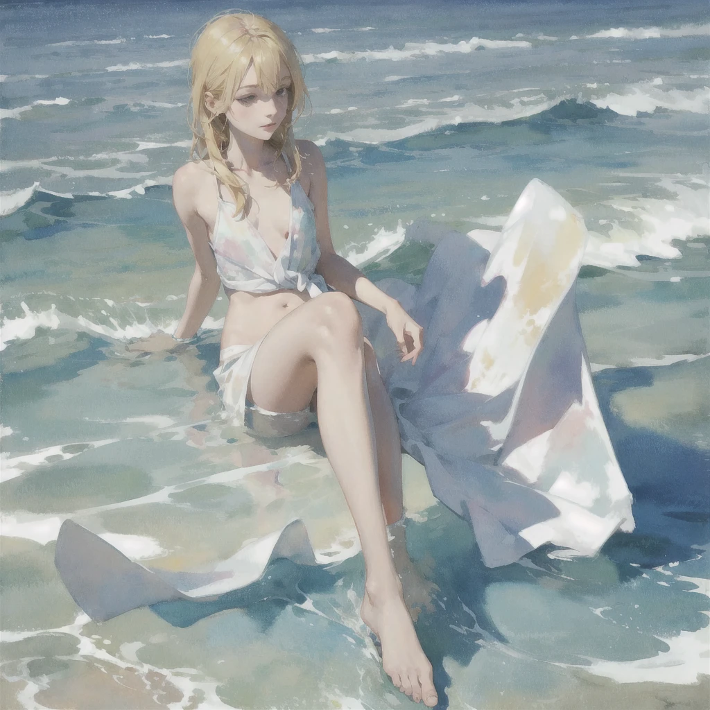 Tranquil voyager girl, in watercolor style, Photorealism, discreet pink and mint shades, barefoot, blonde hair