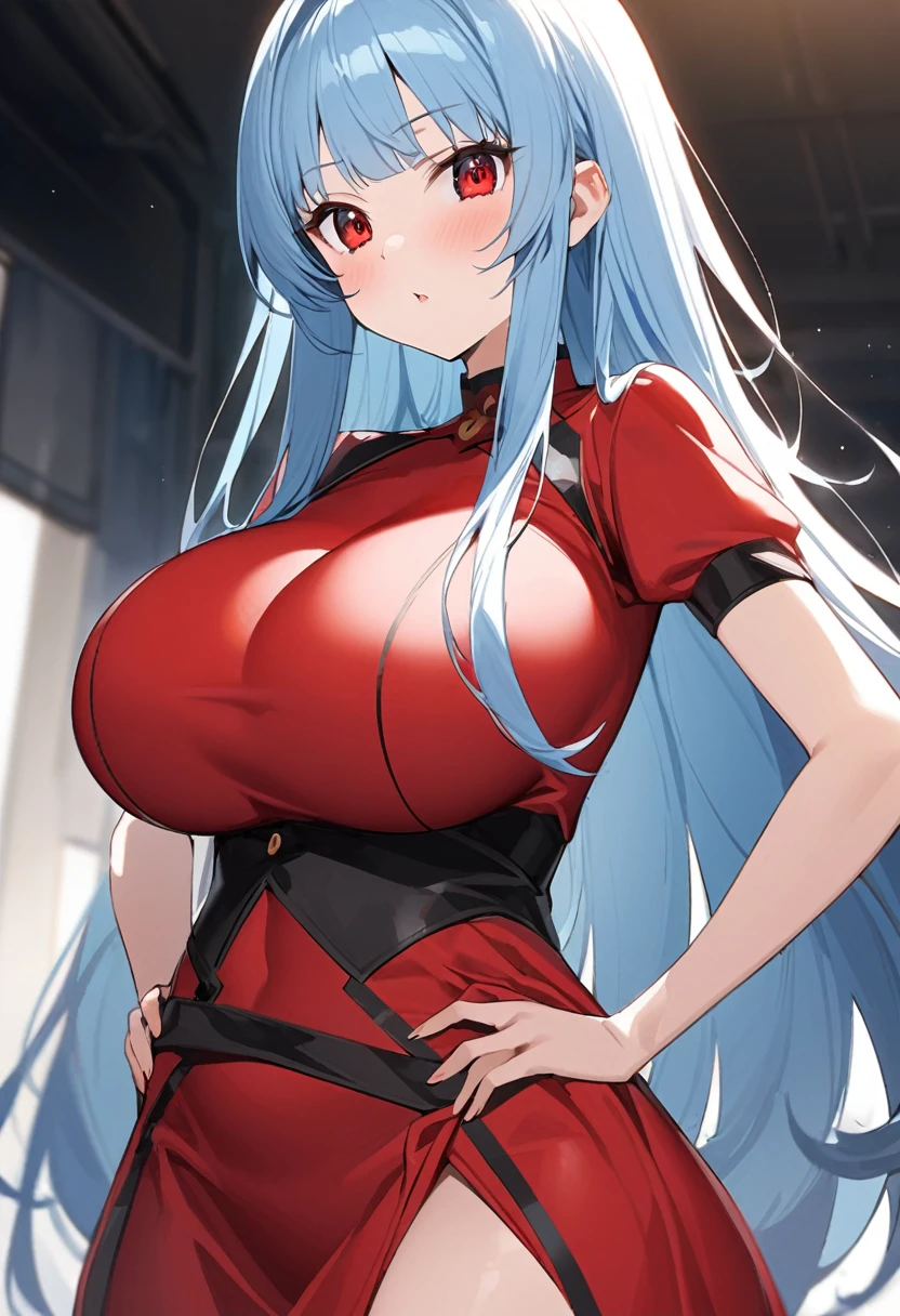 My name is Yukiko.I am a white test woman with long light blue  hair,red eye color.I am 1.62 cm tall . My breasts measure 200 cm, my waist 40 cm and my hips 200 cm. Dressed in a low-cut and tight red dress . With big breasts 200 cm