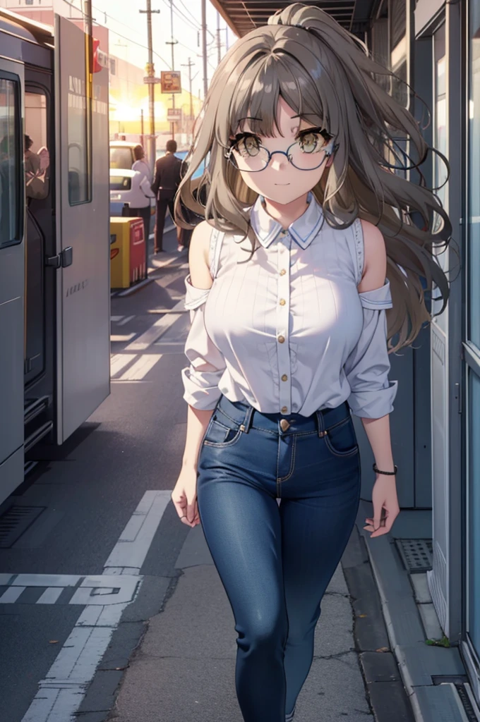 Riofutaba, Rio Futaba, Long Hair, Brown Hair, (Brown eyes:1.5), Glasses,Big Breasts,smile,Cold Shoulder Shirt,skinny pants,Stiletto heels,Business Back,Walking,morning,morning陽,The sun is rising,whole bodyがイラストに入るように,
break outdoors, station,
break looking at viewer, whole body,
break (masterpiece:1.2), Highest quality, High resolution, unity 8k wallpaper, (figure:0.8), (Beautiful attention to detail:1.6), Highly detailed face, Perfect lighting, Highly detailed CG, (Perfect hands, Perfect Anatomy),