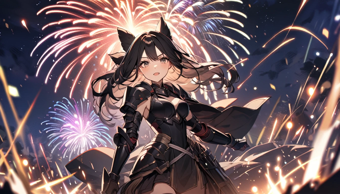 A female warrior with long black hair and wearing black armor, a beautiful woman, fireworks at night, lots of fireworks, sparks, glitter, 8K