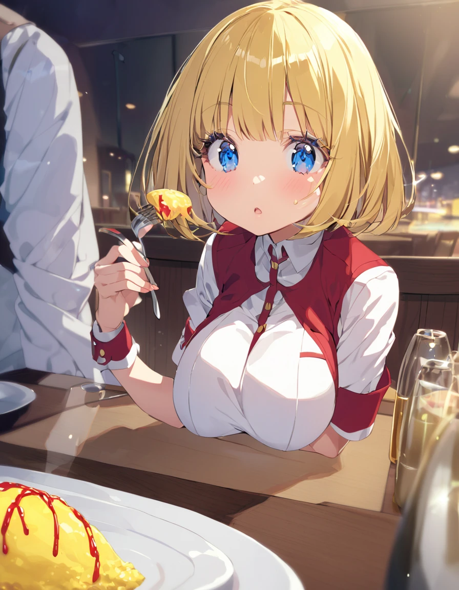 Eat omurice at a restaurant (Original uniform), (), (blonde:1.5)(eyelash:1.2) (Short Bob Hair:1.4), (Blue eyes)(Big Breasts:1.3)