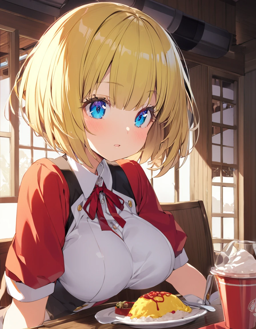 Eat omurice at a restaurant (Original uniform), (), (blonde:1.5）(eyelash:1.2) (Short Bob Hair:1.4), (Blue eyes)(Big Breasts:1.3)
