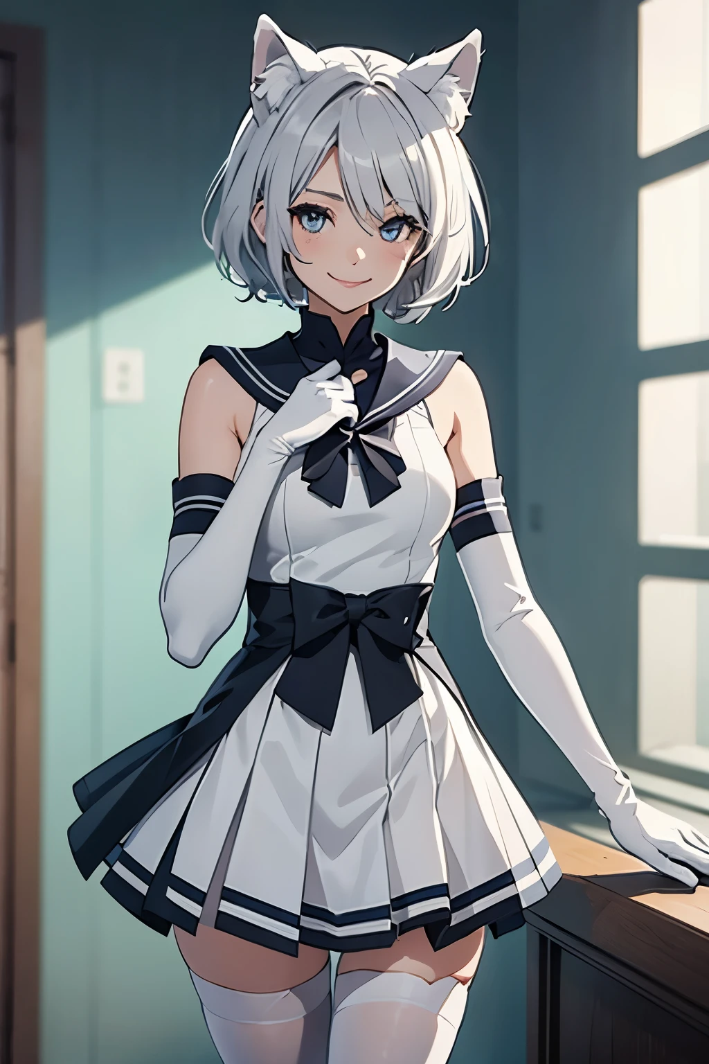 Tabletop Best image quality wonderful Attention to detail One Young Woman((Adult))Anime Style whole body White Sailor Suit(Sleeveless) mini skirt(Pleats) White long gloves(Elbow Gloves) White Stockings(Thigh Highs) White wolf ears short hair((Shortcuts)(Gray Hair)(Curly Hair)(fluffy)) smile(Happy) Eye color is blue background(Hotel) Are standing wave hands