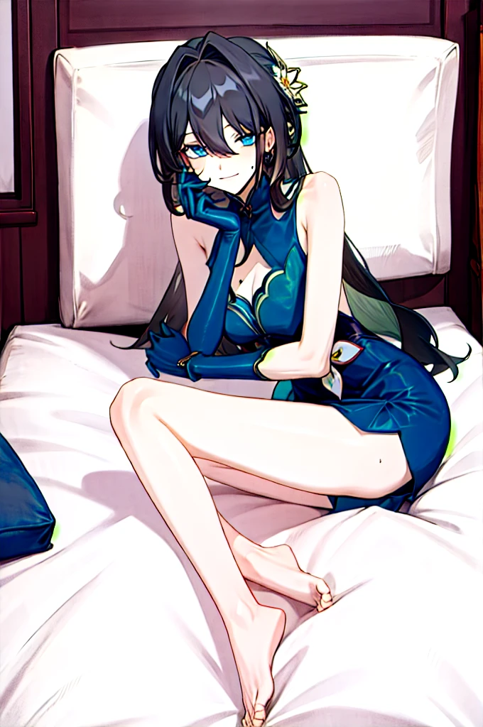 RUANMEI,Bangs,Long hair,skirt,Gloves,Hair between the eyes,Jewelry,Hair accessories,blue eyes,Black Hair,flower,black Gloves,blue skirt,indoors,bedroom,on the bed,A faint smile, 1 Girl,
,  (masterpiece,best quality:1.2),absurd，whole body,Long legs,pretty feet，Bare legs,sexy,spread the legs,tall