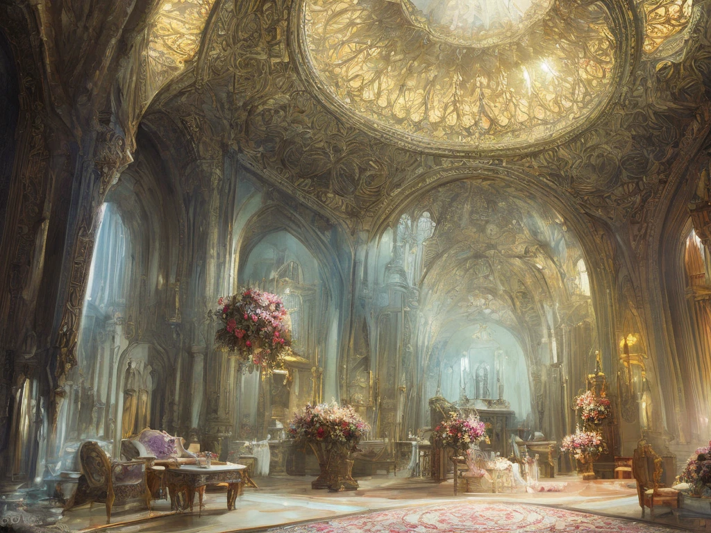 Castle interior with luxurious furniture and lots of flowers, intricate design, fine details, high chaos, soft sunlight, dreamy pastel colors, Johan Grenier style, Alyssa Monks style