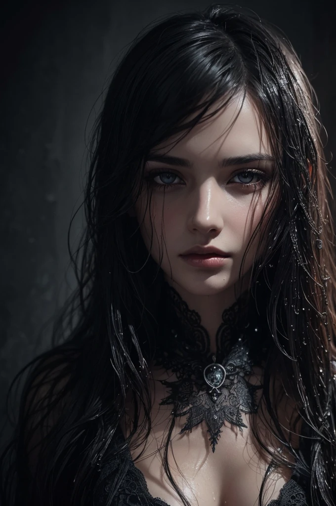Highly detailed face-only image of a woman with wet hair, dark environment as background, gothic art, realistic art   