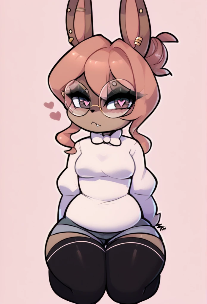 (score_9, score_8_up), score_7_up, score_6_up, score_5_up, score_4_up, Hazel Typh, 1bunny, best quality, furry, brown fur, pink hair, animal ears, gold piercing, heart-shaped pupils, animal nose, pink eyes, hair bun, long tail, expressionless, closed mouth, fangs, puffy sleeves, kneeling, on knees, pink background, looking at viewer, round glasses, beautiful and detailed, girl (((female))) ((anthro)) bunny, (Averi, bunny girl), by waspsalad, by phluks, by zero-sum, bunny, (anthro, fluffy fur, character focus:1.1), anthro bunny, body fur, nice, cute, digital drawing, (half-closed eyes), big eyes, sweater, short shorts, thigh highs, stockings, (hi res), ((masterpiece)), ((best quality)), bunny, female bunny, clean sketch, anthropomorphic bunny, fursona, sharp teeth, big ears, smooth hair, smooth fur, long eyelashes, makeup, thin, chubby face