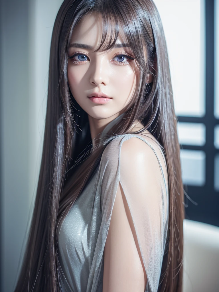 high resolution、high quality、Attention to detail、Beautiful eyes with slit length、Long eyelashes、Silver long hair、It's raining outside and I'm lost in thought、Sad face、Rough tank top、Looking Outside