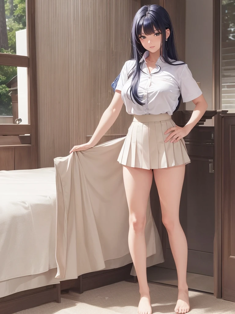 score_9, score_8, score_7, (extremely detailed CG:1.2), (masterpiece:1.2), (best quality:1.2), looking at viewer, full nude body, Adult woman 25 years old, (1girl), long hair blowing in wind, (mathayom uniform), (white shirt short sleeves), (navy_blue pleated skirt),  Nude topless, shirt open, breasts fully exposed. Skirt raised, pussy showing.