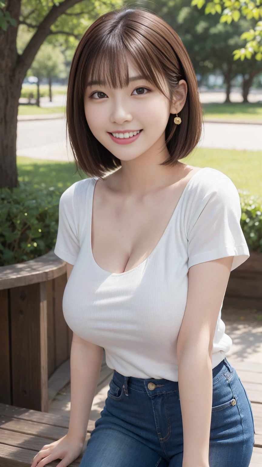 Highest quality, masterpiece, Ultra-high resolution, (Realistic:1.4), Beautiful woman, ((Big Breasts:1.3)), (((Short Bob))), (((Brown ash))), Beautiful Skin, Fine skin, 魅惑的なsmile, Background blur, smile, Hair over the ears, beautiful girl, Fair skin, Voluptuous, Plump body, Orihime, alone, Pink Shirt, jeans, at the park, hair ornaments, smile,