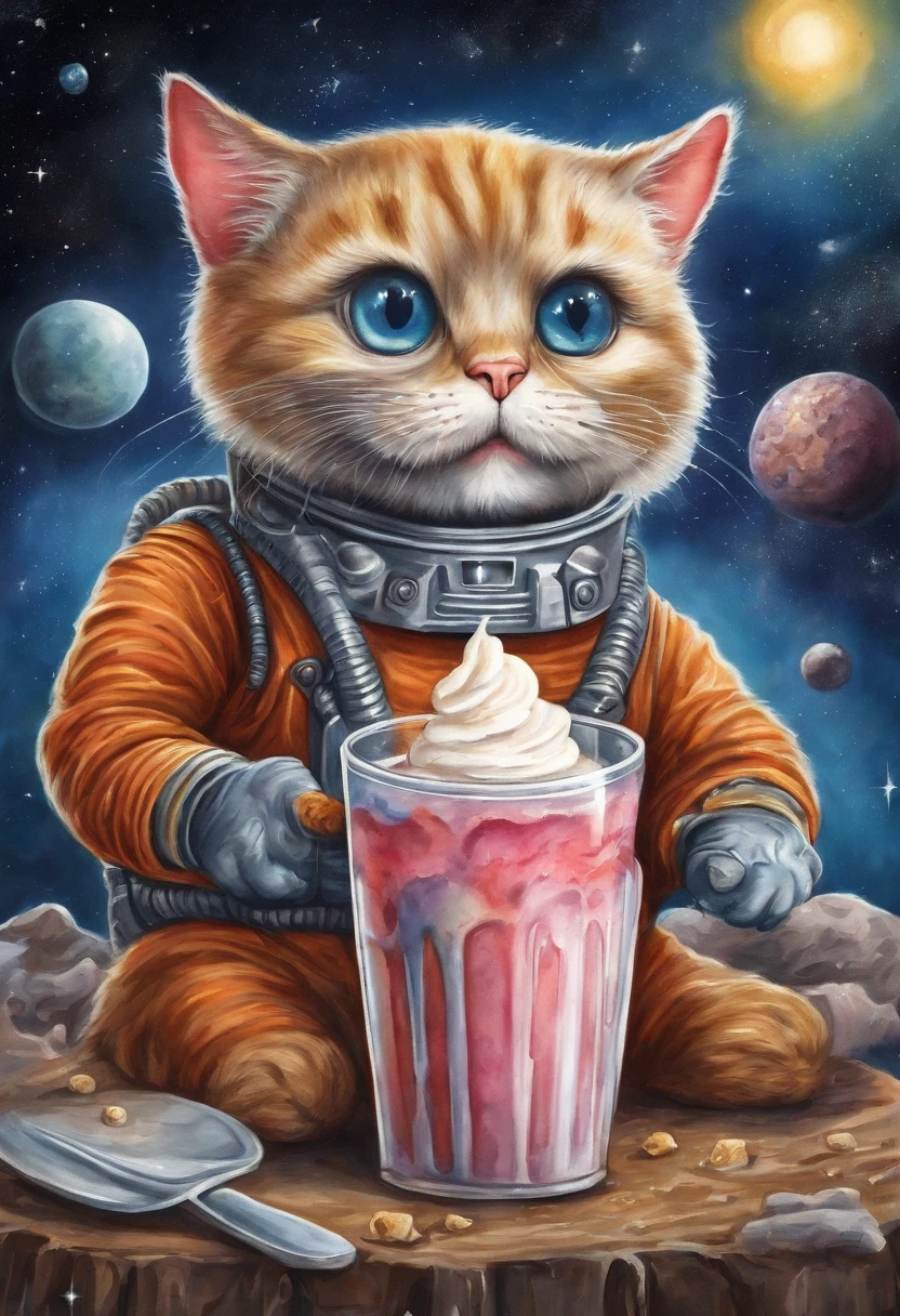((space cat drinking a milkshake, garbage pail kids style)), outside of a spacestation, 3d cartoon, high quality, detailed,