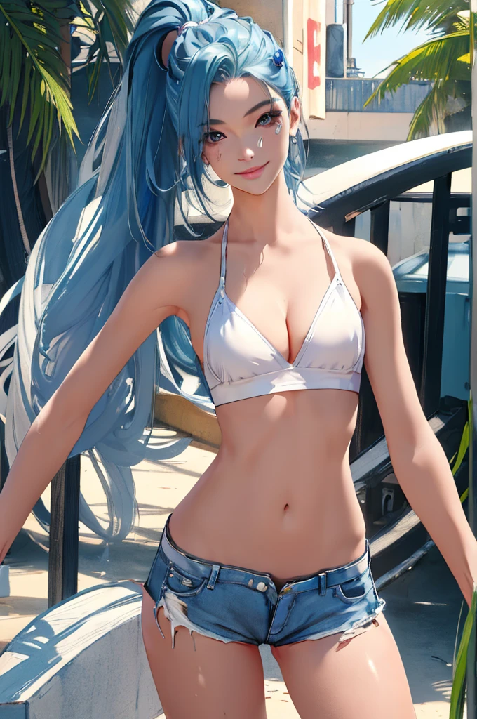 (best quality: 1.2), clean face, (masterpiece: 1.2, 8k) perfect anatomy, 1girl,a beautiful fashion model ,(masterpiece, official art, best quality ,long and shiny hair, blue hair with streaks in hair, long hair, full lips, slender body, slim body big breasts, looking at viewer, revealing outfit, absurdity, intricate details, dynamic pose, club, , wearing short shorts and a tight white top, cleavage, torn clothes, thong straps, ponytail, coquettish expression, smile