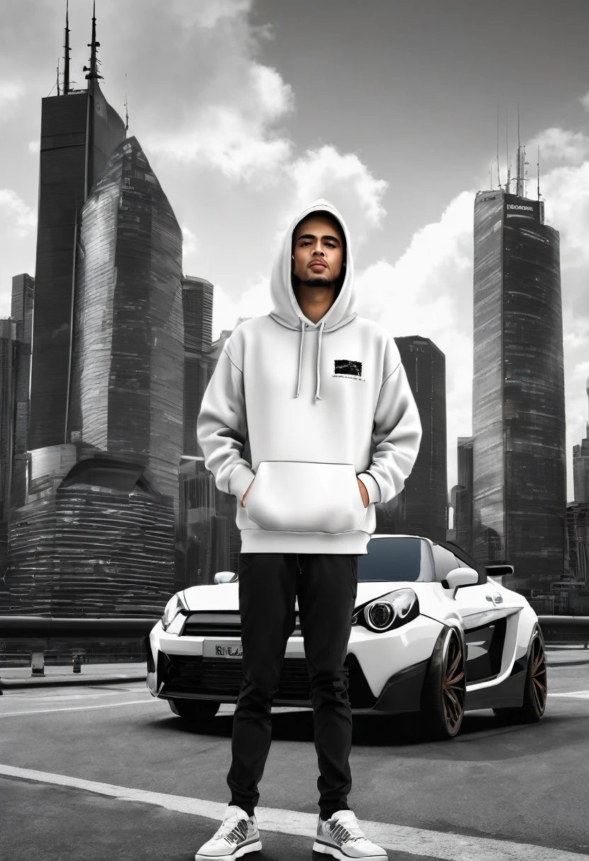 a man hemsem black wear hoodie colour white the name pop up the name in t shirt "AWIE" 3D and blackground with car skyline
